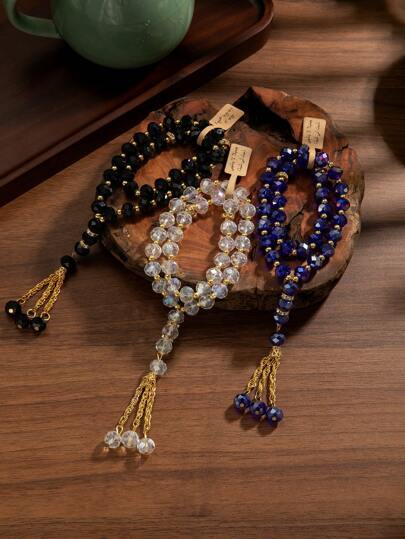 1pc Muslim Prayer Beads Bracelet, Blue Transparent Glass Beads, Gold Metal Round Beads, Feather Pendant, Blessing Card, Suitable For Festivals