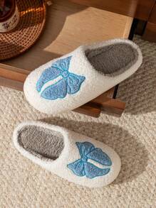 Ladies Cute Bow Flat Non-Slip Indoor Casual Slippers, Winter Home Wear - Blue - View 2