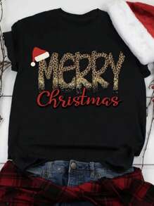 Christmas-Themed Pattern Printed Round Neck T-Shirt, Casual Short-Sleeve Top For Spring And Summer, Women's Wear