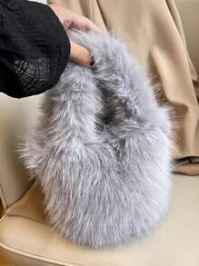 1pc毛绒手提包迷你托特包女新款秋冬可爱小众设计毛绒水桶包时尚，黑色，白色，灰色，棕色，粉色，卡其色，多种颜色，百搭时尚，可装纸巾，适合女学生和上班族日常通勤，便携外出。 - 彩色 - 查看 6
