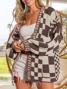 棕色混纺格纹针织开衫 - 棕色 - 查看 5