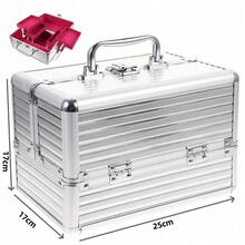 化妝品盒化妝培訓箱鋁合金便攜式化妝品盒可調節- 6個盤化妝品收納盒 - 銀色 - 查看 2