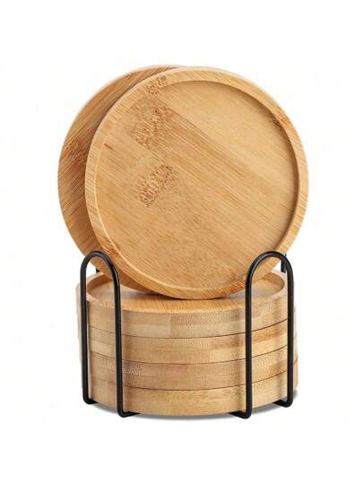 6pcs Bamboo Coasters Set With Holder, Suitable For Coffee Tables, Wooden Coasters For Potted Plants, Desk Protection, Housewaming Gifts, Square/Round Bamboo Coasters For Flower Pots, Beverage Trays, Desk Potted Plant Protection