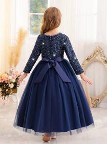 Vestido de fiesta de Navidad con mangas largas y lentejuelas azul real para niña preadolescente, vestido de fiesta elegante, vestido de princesa adecuado como regalo de cumpleaños, para fiesta, banquete, baile de graduación, niña de las flores, dama de honor, celebración festiva - azul real - Ver 2