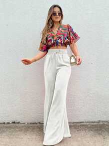 Duna Women's Wide Leg Pants Without Slits - Red and White - View 1