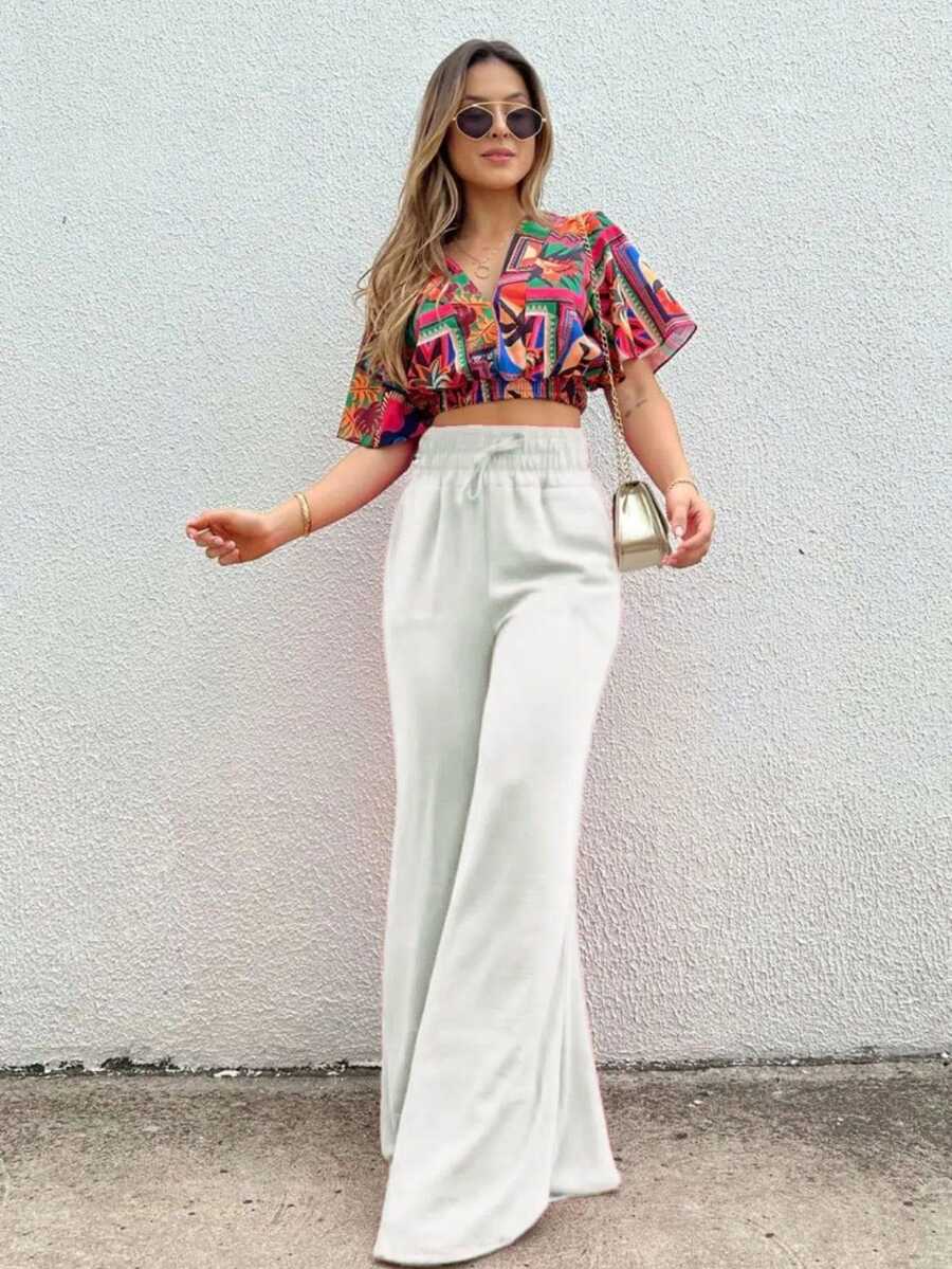 Duna Women's Wide Leg Pants Without Slits - Red and White - View 1