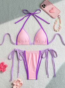 New Plain Soft Padded Wrap Drawstring Pleated Spaghetti Strap Criss-Cross Back Sexy Bikini Set, Summer Beach Fashion Swimwear For Women