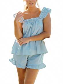 Women Summer 2Pcs Clothes Sets Sleeveless Backless Sling Vest + Solid Color Ruffle Fly Trim Shorts Outfit Loungewear - Blue - View 5