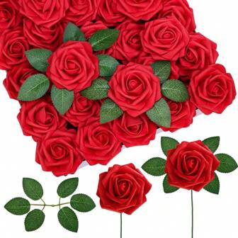 27 PIEZAS (25 rosas, 2 hojas) Flores artificiales con aspecto real de rosas de espuma de color marfil con tallos para arreglos florales de boda DIY, centros de mesa de ducha nupcial, decoraciones de fiesta de San Valentín y Día de la Madre (se excluye la caja de papel)
