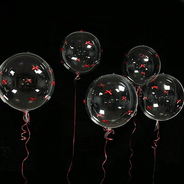 5pcs 20inch Clear Bubble Balloons With 45pcs Silk Red Bow Decorations, Suitable For Valentine's Day, Bridal Shower, Birthday Party, Wedding, Anniversary, Engagement, Party Decorations