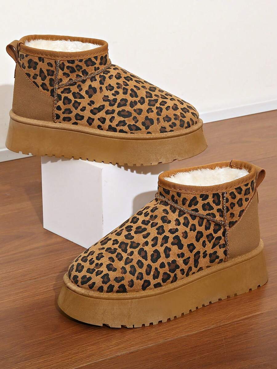 Botas de nieve con estampado de leopardo de moda, de suela gruesa y cortas para el invierno - Marrón - Ver 1