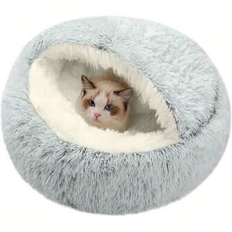 Cama para gato, cama cálida auto-calentable para gatito tranquilizante, cama cueva redonda con capucha para gato de interior y cachorro, de piel sintética suave y esponjosa, cojín antideslizante para mascotas, lavable a máquina