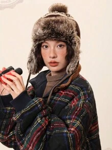 1 件冬季新款保暖内衬护耳帽，枫叶复古提花针织毛绒帽，户外骑行滑雪防风防寒毛绒帽