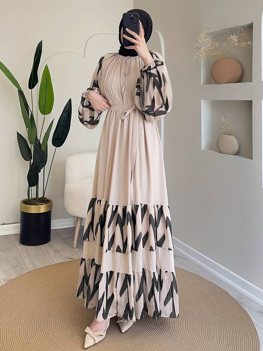 [Maxi Dress] Beige & Black Long Sleeve Maxi Dress | Women's Middle Eastern-Inspired Traditional Attire With Puff Sleeves & Adjustable Waist Tie, Machine Washable For Casual To Formal Occasions - Apricot - View 1