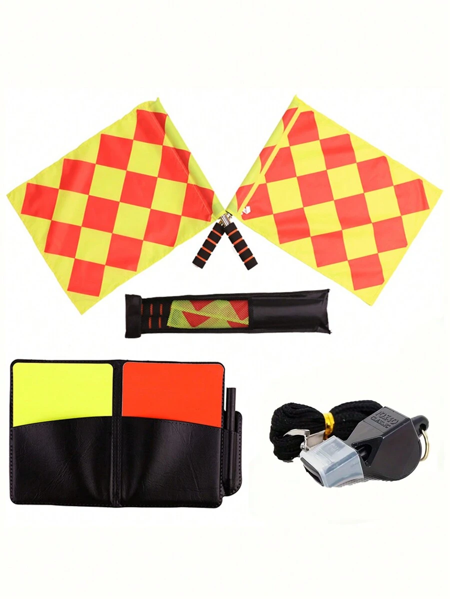 Referee Set: 1 Pair Football Flags, 1 Whistle, 1 Red & Yellow Card - Perfect For Football Training And Matches, Back To School, Sports Festivals - Mix - View 1