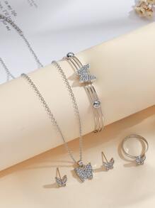 6 Stücke/Set LED Liebesuhr + Legierungs-Diamant Schmuckset mit kleinem Schmetterling/Schleierkraut/Herz/Schleife/Krone, bestehend aus Halskette, Armband, Ohrstecker, Ring, geeignet für den täglichen Gebrauch, schlicht und elegant, die beste Wahl für Halloween, Weihnachten, Valentinstag, Muttertag, Urlaubsgeschenke