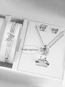 6 Stücke/Set LED Liebesuhr + Legierungs-Diamant Schmuckset mit kleinem Schmetterling/Schleierkraut/Herz/Schleife/Krone, bestehend aus Halskette, Armband, Ohrstecker, Ring, geeignet für den täglichen Gebrauch, schlicht und elegant, die beste Wahl für Halloween, Weihnachten, Valentinstag, Muttertag, Urlaubsgeschenke