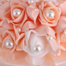 优雅橙色玫瑰和珍珠缎带新娘花束，假 PE 泡沫玫瑰婚礼伴娘花束永生花 W928B - 直徑20cm 高25cm - 查看 5