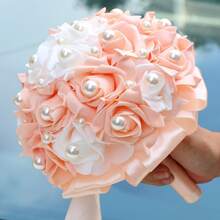 优雅橙色玫瑰和珍珠缎带新娘花束，假 PE 泡沫玫瑰婚礼伴娘花束永生花 W928B - 直徑20cm 高25cm - 查看 10