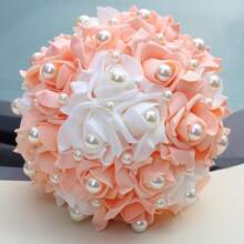 优雅橙色玫瑰和珍珠缎带新娘花束，假 PE 泡沫玫瑰婚礼伴娘花束永生花 W928B - 直徑20cm 高25cm - 查看 6