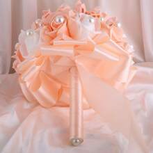 优雅橙色玫瑰和珍珠缎带新娘花束，假 PE 泡沫玫瑰婚礼伴娘花束永生花 W928B - 直徑20cm 高25cm - 查看 4