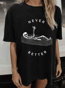 Women's Vintage Skull Print T-Shirt - Halloween Casual Tight Collar - Loose Tight Fitting, Short Sleeved, Stylish And Comfortable Stylish Top - Perfect For Wet Season Style