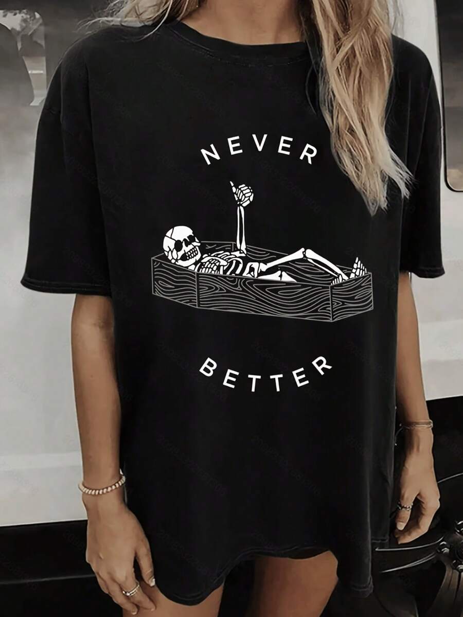 Women's Vintage Skull Print T-Shirt - Halloween Casual Tight Collar - Loose Tight Fitting, Short Sleeved, Stylish And Comfortable Stylish Top - Perfect For Wet Season Style