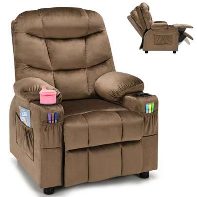 Homasis Kids Youth Recliner Chair Velvet Fabric W/Cup Holder & Side Pocket