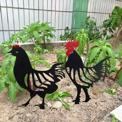 1pc 30cm Long Black Iron Rooster & Hen Garden Stake, Metal Yard Decor For Halloween, Christmas, Garden, Planter, Home Decoration