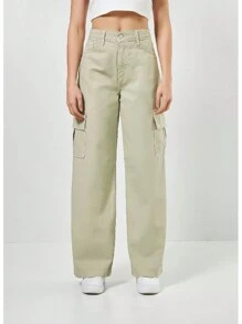 Women's Wide Leg Cargo Jeans High Waist Thick Fabric Pantaloons Line - 米色 - 查看 1