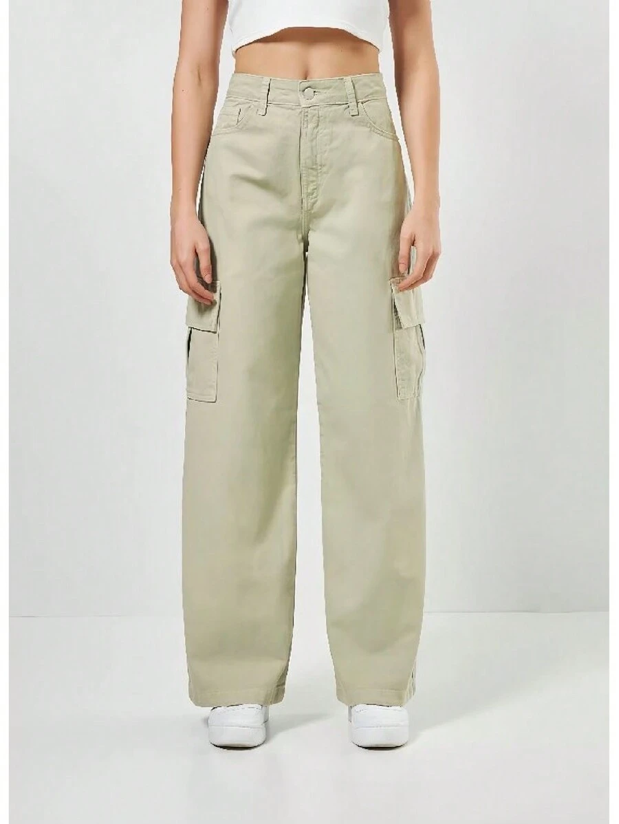 Women's Wide Leg Cargo Jeans High Waist Thick Fabric Pantaloons Line - 米色 - 查看 1