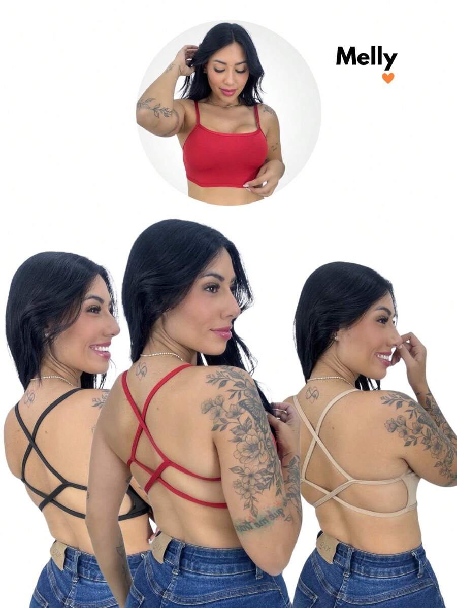 Kit 3 Braided Tops Without Padding, Foreign Fashion, Fitness, Melly - Black - View 1