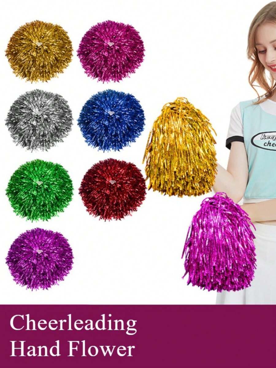 Juego de 2 piezas de pompones de pom-pom de color metálico brillante con 2 agujeros y mango para animadoras, accesorios para partidos, clubes, baile y eventos deportivos de equipo - Morado - Ver 1