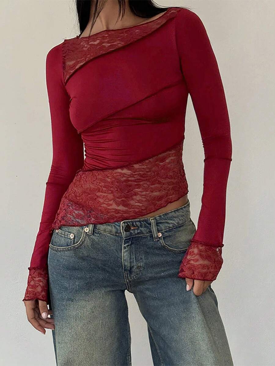 Floreya 女士性感时尚蕾丝拼布不对称镂空长袖衬衫