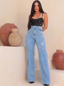 Wide Leg High Waisted Shiny Jeans - 藍色 - 查看 3