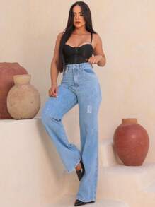 Wide Leg High Waisted Shiny Jeans - 藍色 - 查看 4