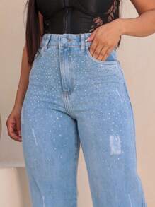 Wide Leg High Waisted Shiny Jeans - 藍色 - 查看 1
