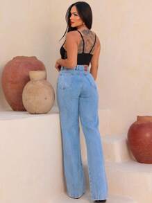 Wide Leg High Waisted Shiny Jeans - 藍色 - 查看 2