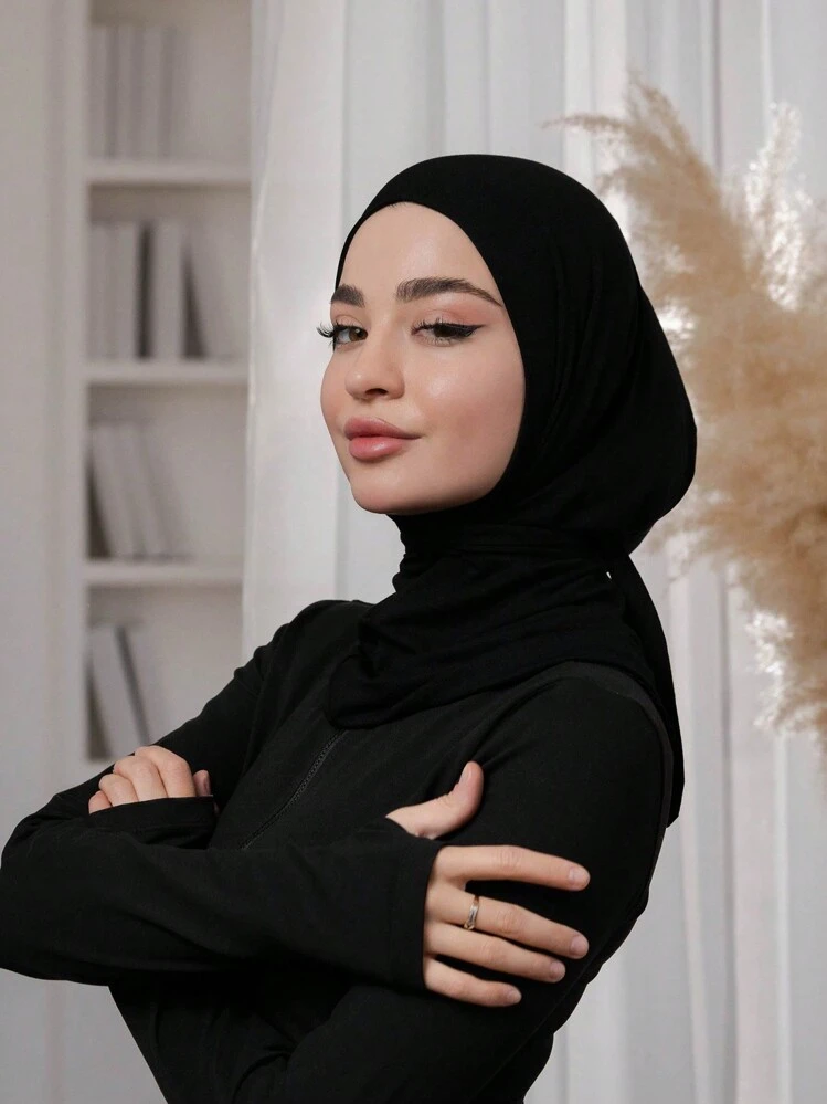 1pc Women Hijab Solid Color Balaclava Headscarf With Adjustable Back Tie For Abaya, Elastic Breathable Versatile Headband Turban For Everyday, Sports, Yoga, Fitness And Fashion Styling - Black - View 3