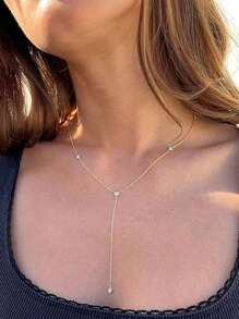 Lariat Necklace For Women, Dainty Layered Gold Long Necklaces 14k Gold Plated Beaded Bar CZ Drop Necklace Simple Gold Y Choker Necklaces For Women Gold Jewelry Gifts For Women
