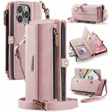 兼容 Iphone 16/15/14/13/12/11 Pro Max X/XS/XR/XS Max/6/7/8 Plus/SE 2020/SE 2022 钱包式保护壳，RFID 屏蔽 PU 皮革手机壳男女款支架翻盖保护套腕带拉链信用卡夹插槽 - 粉紅色 - 查看 2