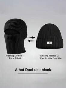 1pc Men's Black Warm Knitted Hat, Winter Hat, Dual-Use Face Mask, WaKnittedool Cap, Outdoor Cold-Proof Winter Hat - Black - View 2