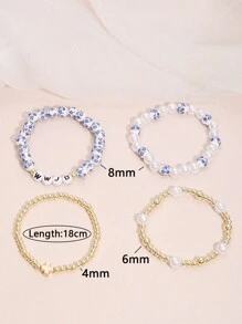 4PCS Fashion New Bohimian Boho Style And Elegant Blue And White Porcelain Faux Pearl Beaded Golden Beaded WWJD(What Would Juses Do) Bracelet Jewelry For Women Men Jesus Bracelets Faith Easter Christian Jewelry Birthday Gift, Anniversary Gift,Christmas Gifts