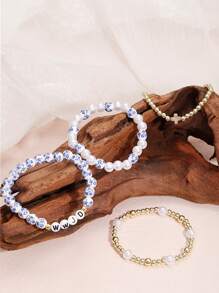 4PCS Fashion New Bohimian Boho Style And Elegant Blue And White Porcelain Faux Pearl Beaded Golden Beaded WWJD(What Would Juses Do) Bracelet Jewelry For Women Men Jesus Bracelets Faith Easter Christian Jewelry Birthday Gift, Anniversary Gift,Christmas Gifts