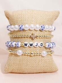 4PCS Fashion New Bohimian Boho Style And Elegant Blue And White Porcelain Faux Pearl Beaded Golden Beaded WWJD(What Would Juses Do) Bracelet Jewelry For Women Men Jesus Bracelets Faith Easter Christian Jewelry Birthday Gift, Anniversary Gift,Christmas Gifts