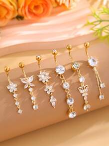 6pcs Gold Butterfly Chain Belly Button Rings Set, Classic Stainless Steel Piercing Pendant Jewelry For Women Daily Wear - Silver - View 12