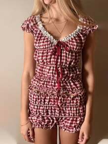 Women's Summer 2 Piece Outfits Short Sleeve Ruched Tops Solid Color/Plaid Shorts Set - Red - View 2