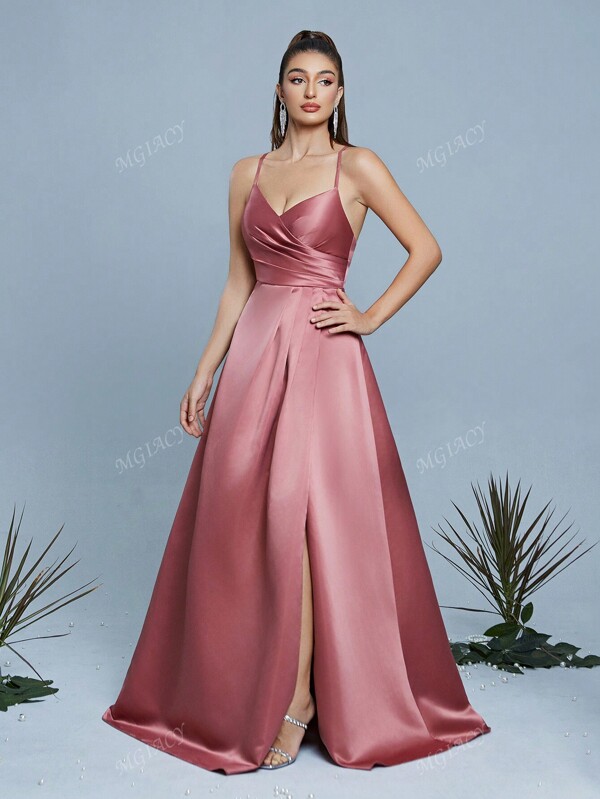 Solid Color Backless Criss-Cross Wrap Ruched Spaghetti Strap Sleeveless Sexy Bridesmaid Dress
