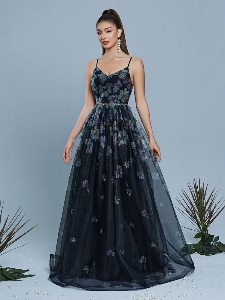 Mgiacy,New Arrival,Women's,High-End,Shining,Printed,Patchwork,Sequin,Ribbon,Sheer,Ruffle,Hem,Dress Formal Evening,Gown Black,Elegant,Prom Wedding,Guest Dress, For Graduation, Dinner, Bridesmaid Dress - Black - View 4