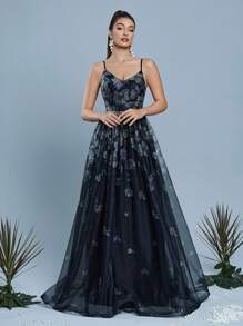 Mgiacy,New Arrival,Women's,High-End,Shining,Printed,Patchwork,Sequin,Ribbon,Sheer,Ruffle,Hem,Dress Formal Evening,Gown Black,Elegant,Prom Wedding,Guest Dress, For Graduation, Dinner, Bridesmaid Dress - Black - View 1